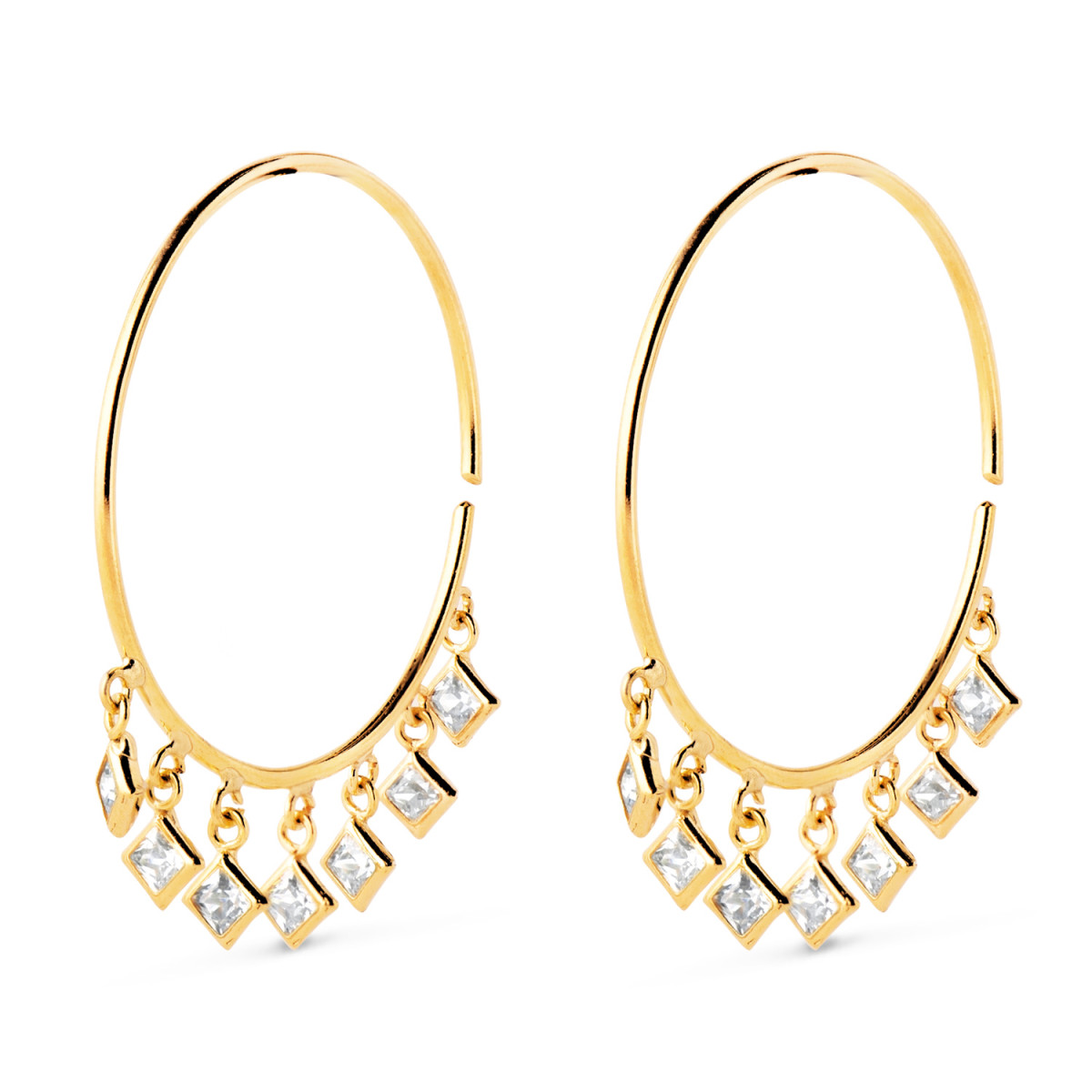 18K AROS ORO AMARILLO ABIERTOS CON HILO 0.75MM CON COLGANTES DE CIRCONITAS. ANCHO 20MM