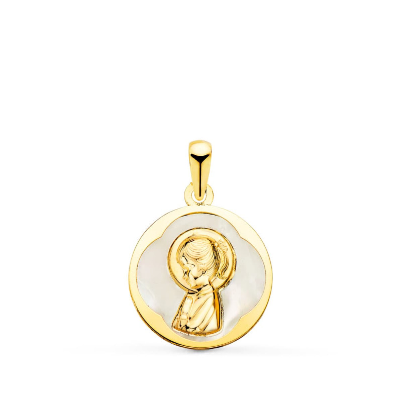 18K MEDALLA ORO AMARILLO REDONDA CON NACAR BLANCO Y VIRGEN NIÑA. 15 MM