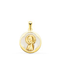 18K MEDALLA ORO AMARILLO REDONDA CON NACAR BLANCO Y VIRGEN NIÑA. 15 MM