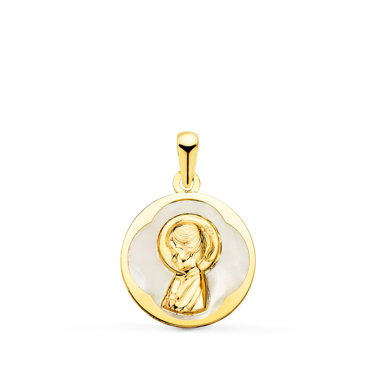 18K MEDALLA ORO AMARILLO REDONDA CON NACAR BLANCO Y VIRGEN NIÑA. 15 MM