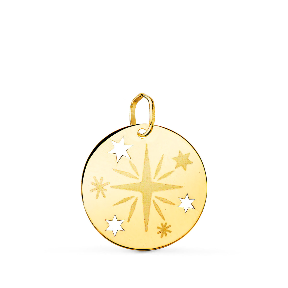 18K COLGANTE AMULETO ORO AMARILLO REDONDO ROSA DE LOS VIENTOS GRABADA EN BRILLO 18 MM