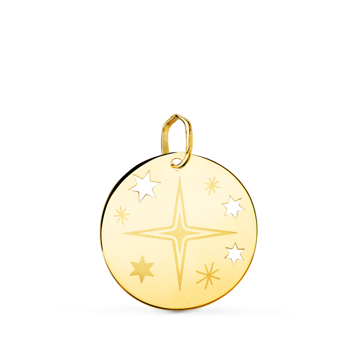 18K COLGANTE AMULETO ORO AMARILLO REDONDO ROSA DE LOS VIENTOS GRABADA EN BRILLO 18 MM