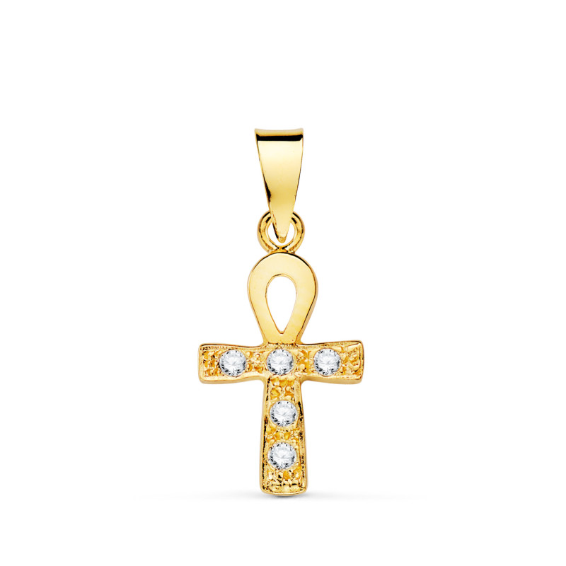 18K CRUZ DE LA VIDA EGIPCIA ORO AMARILLO CON CIRCONITA BLANCAS. 14 X 10 MM. AMULETO EGIPCIO ANKH