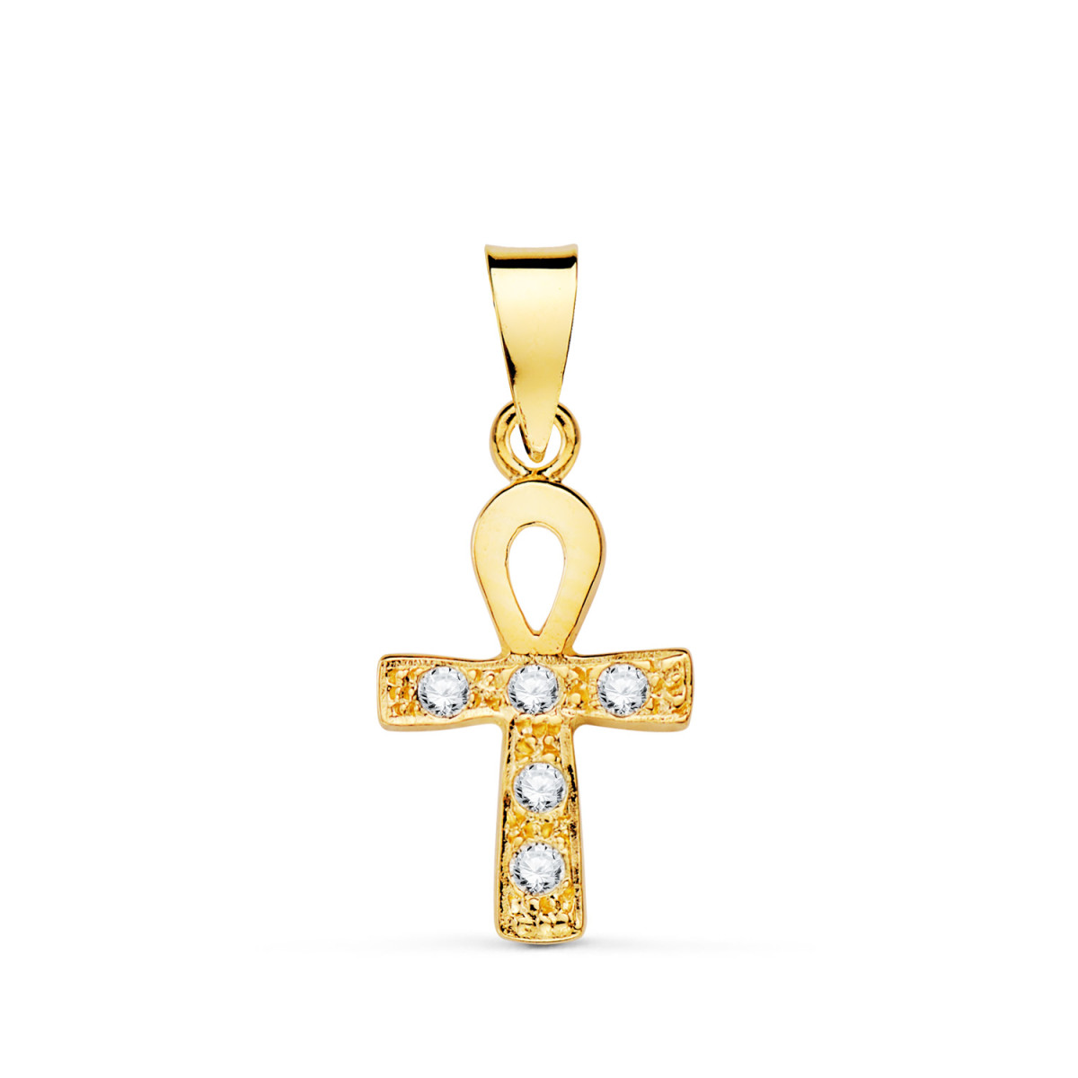 18K CRUZ DE LA VIDA EGIPCIA ORO AMARILLO CON CIRCONITA BLANCAS. 14 X 10 MM. AMULETO EGIPCIO ANKH