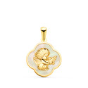 18K COLGANTE ORO AMARILLO TREBOL CON ANGEL BURLON Y NACAR BLANCO 17 X 17 MM