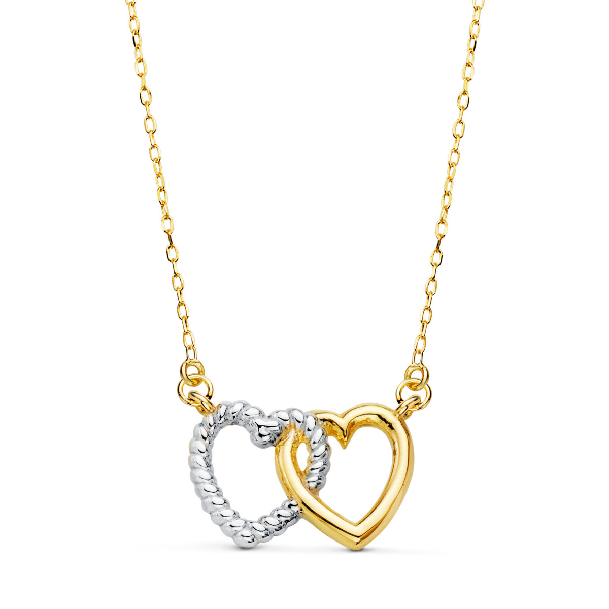 18K GARGANTILLA ORO BICOLOR DOS CORAZONES 13X9 MM. CADENA FORZADA 42 3 CM C. AMOR