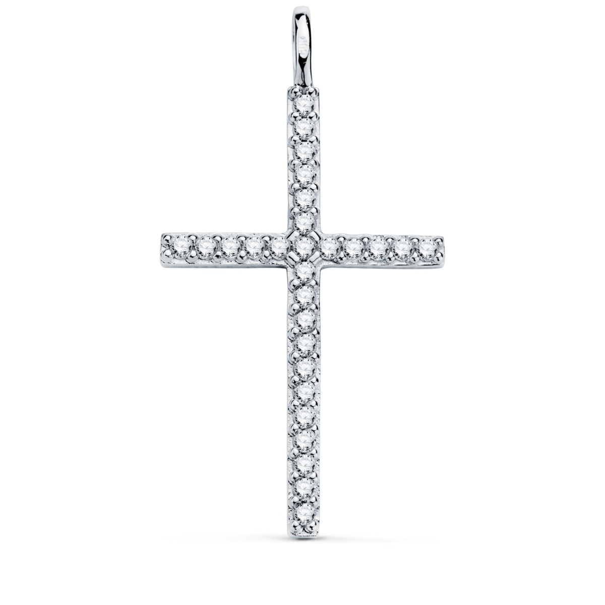 18K CRUZ ORO BLANCO CON CIRCONITA BLANCAS. 36 X 19 MM. ANILLA FIJA