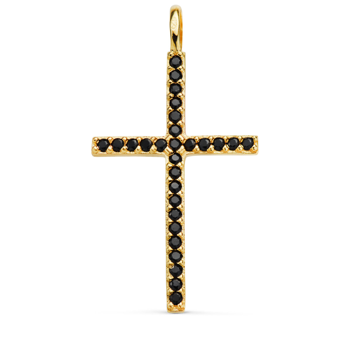 18K CRUZ ORO AMARILLO CON CIRCONITA NEGRAS 37 X 19 MM. ANILLA FIJA