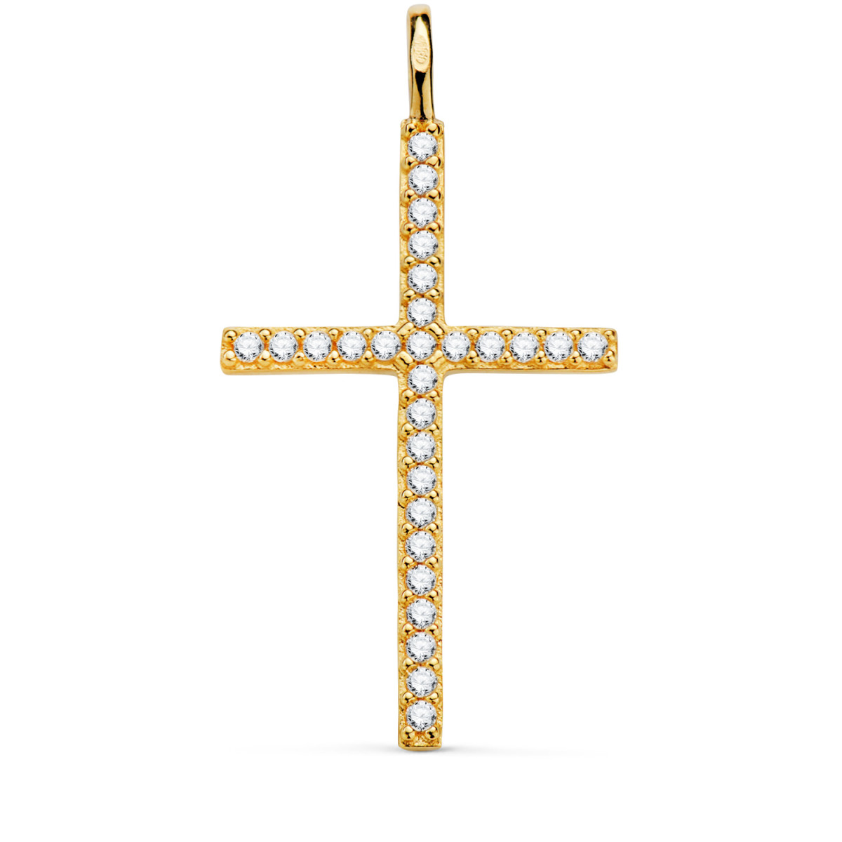 18K CRUZ ORO AMARILLO CON CIRCONITA BLANCAS 37 X 19 MM. ANILLA FIJA