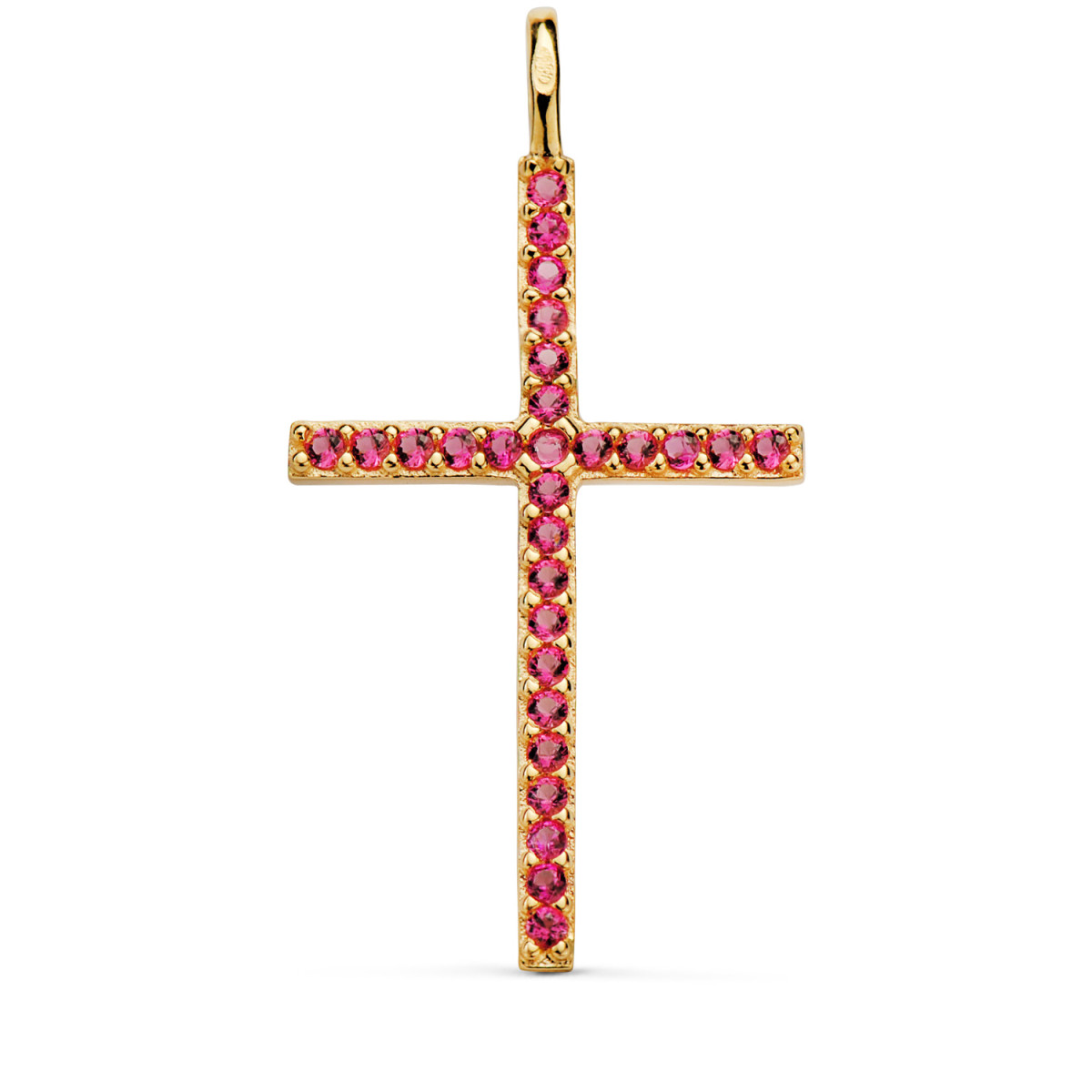 18K CRUZ ORO AMARILLO CON CIRCONITA ROJAS 37 X 19 MM. ANILLA FIJA