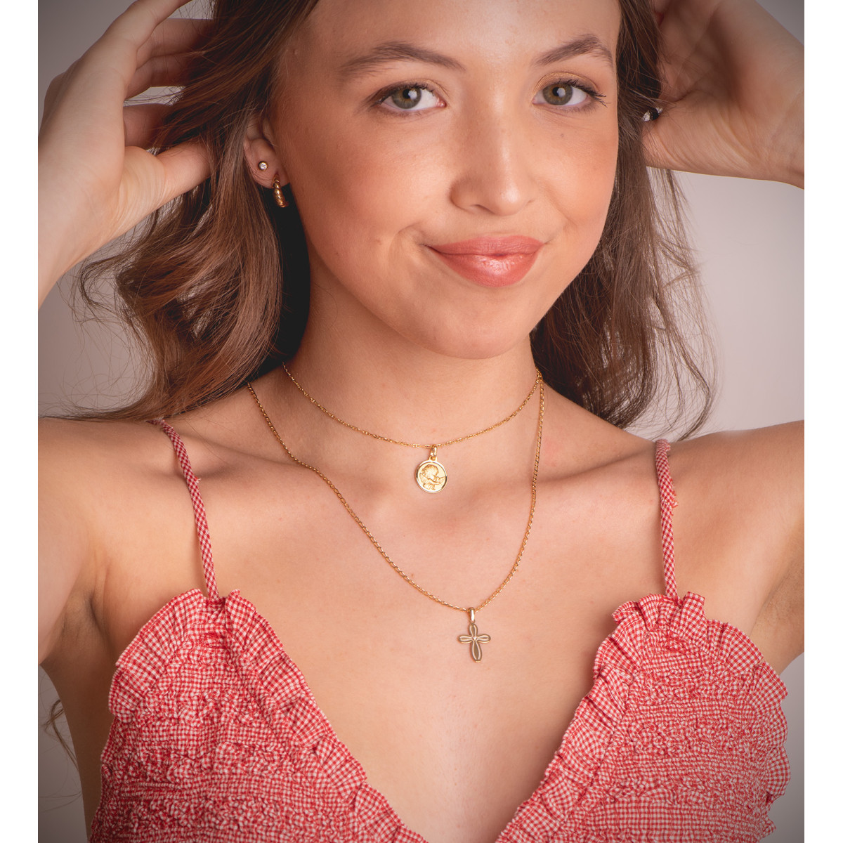 18K CRUZ ORO AMARILLO CON NACAR Y CIRCONITA 20 X 14 MM