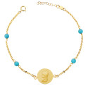 18K PULSERA ORO AMARILLO MEDALLA VIRGEN NIÑA 14 MM Y BOLAS TURQUESAS. LARGO: 19 3 CM