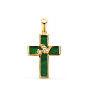 18K CRUZ ORO AMARILLO MALAQUITA Y PAJARO CON CIRCONITAS. MEDIDA: 19 X 12,5 MM