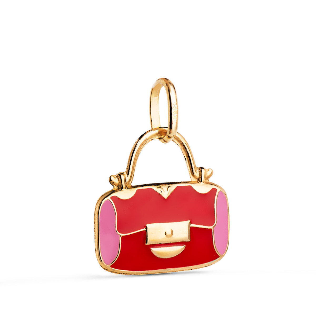 18K COLGANTE ORO AMARILLO BOLSO CON ESMALTE ROSA Y ROJO. MEDIDA: 14 X 13 MM