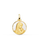 18K MEDALLA ORO AMARILLO VIRGEN MADRE AMOR MATERNAL ESMALTE BLANCO 16 MM