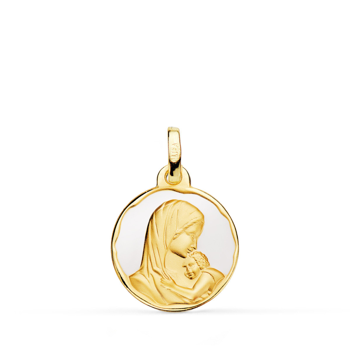 18K MEDALLA ORO AMARILLO VIRGEN MADRE AMOR MATERNAL ESMALTE BLANCO 16 MM