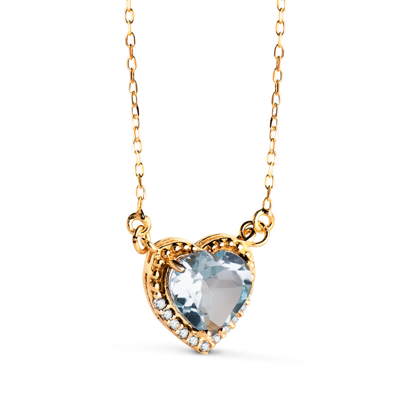 18K GARGANTILLA ORO AMARILLO CORAZON TOPACIO AZUL 7MM CIRCONITAS CADENA 40-2CM C. AMOR