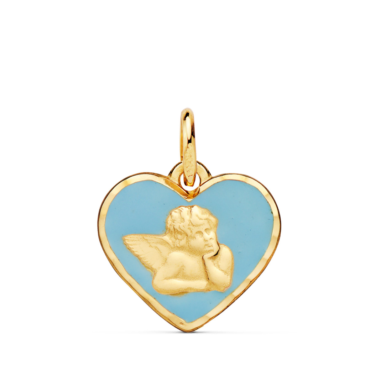 18K MEDALLA ORO AMARILLO CORAZON ANGELITO BURLON ESMALTE AZUL 14 MM C. AMOR