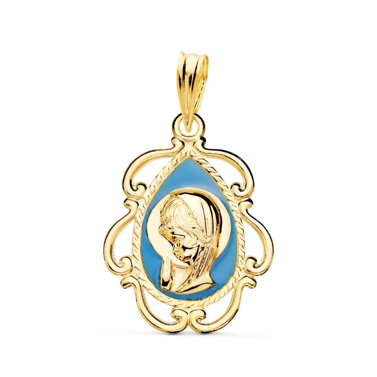 18K MEDALLA ORO AMARILLO VIRGEN NIÑA ESMALTE AZUL Y CERCO CALADO EN BRILLO 22X16 MM