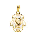 18K MEDALLA ORO AMARILLO VIRGEN NIÑA ESMALE BLANCO Y CERCO CALADO EN BRILLO 22X16 MM