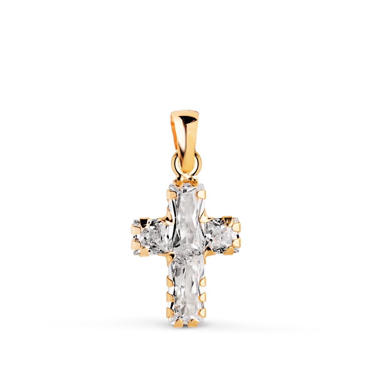 18K CRUZ ORO AMARILLO CON CIRCONITAS EN TALLA BAGUETTE. MEDIDA: 15 X 9,5 MM