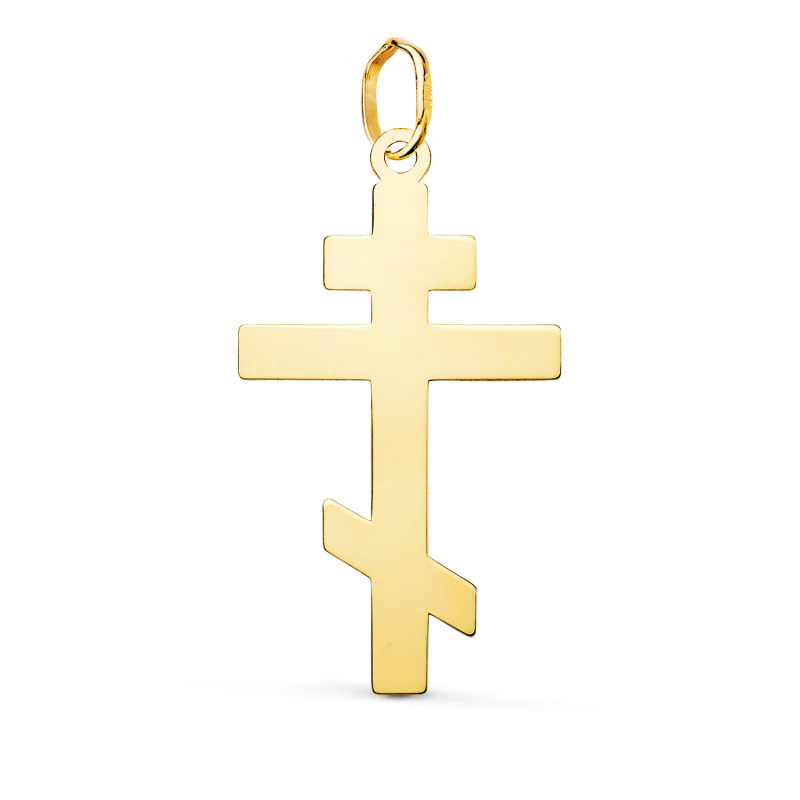18K COLGANTE ORO AMARILLO CRUZ ORTODOXA SILUETA EN BRILLO. 28 X 15 MM