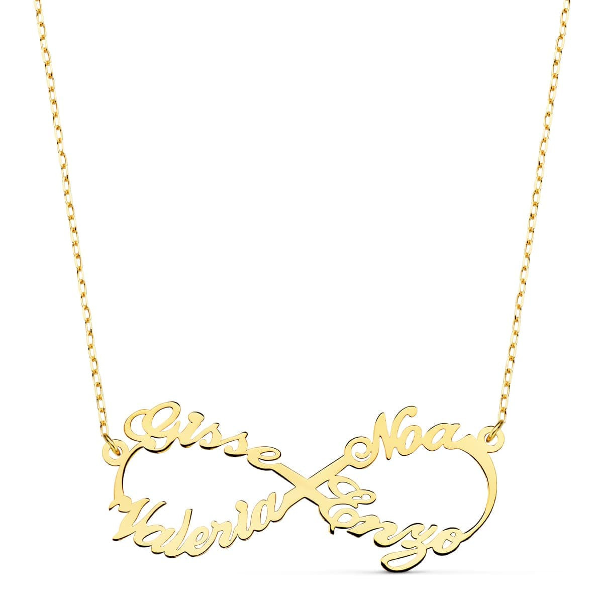 18K GARGANTILLA ORO AMARILLO INFINITO PERSONALIZADO 4 NOMBRES 35 MM CADENA 44 2 CM
