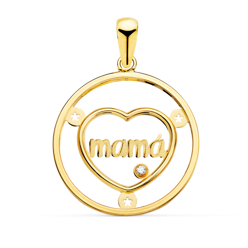 18K COLGANTE ORO AMARILLO CORAZON CON MAMA Y CIRCONITA REDONDO 20MM