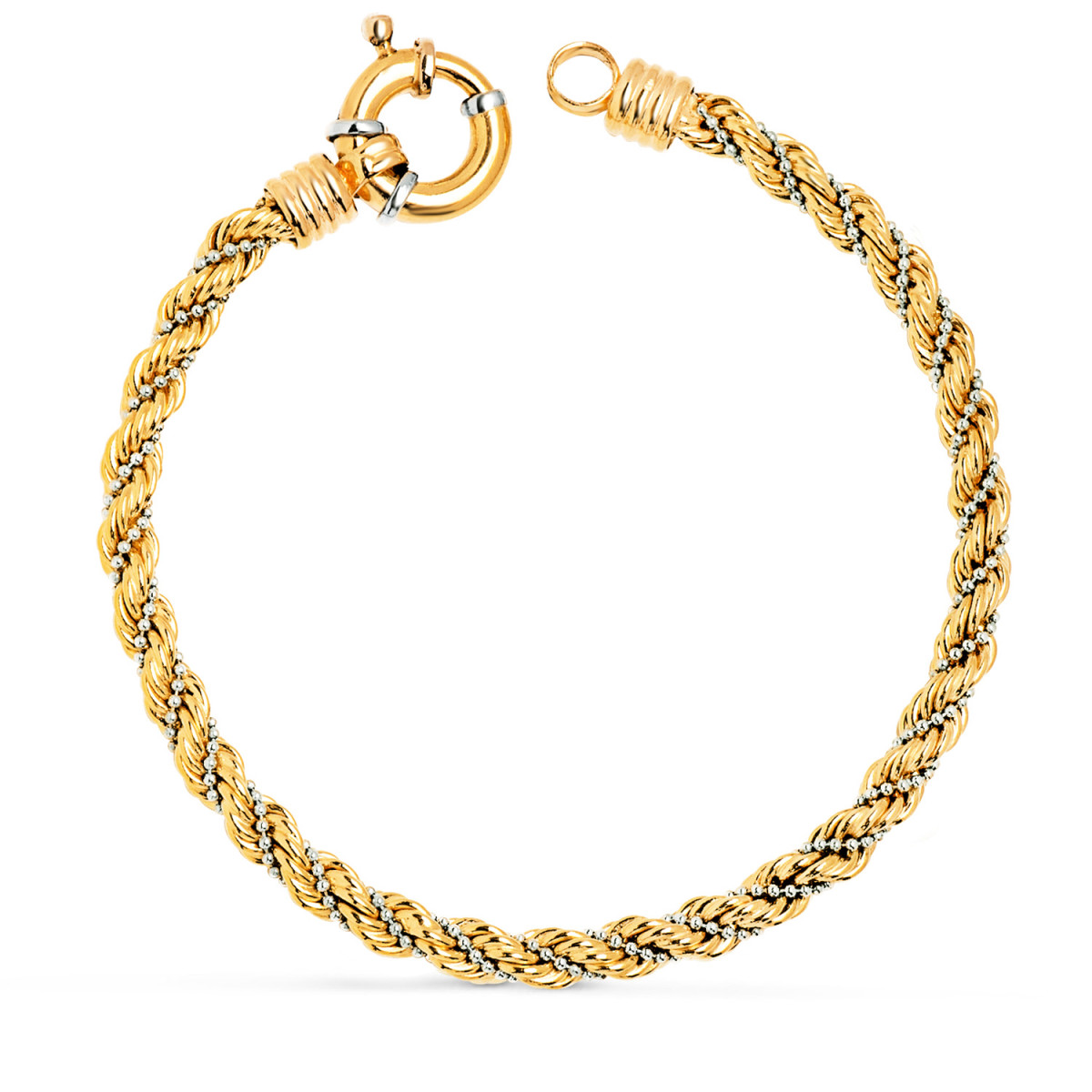 18K PULSERA ORO BICOLOR CORDON SALOMONICO CON BOLITAS. ANCHO 5 MM LARGO 21 CM. CIERRE TIMON