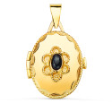 18K GUARDAPELO DIJE PORTAFOTOS ORO AMARILLO OVAL CON PIEDRA AZUL Y BORDE HILO RELIADO. 23 X 18 MM