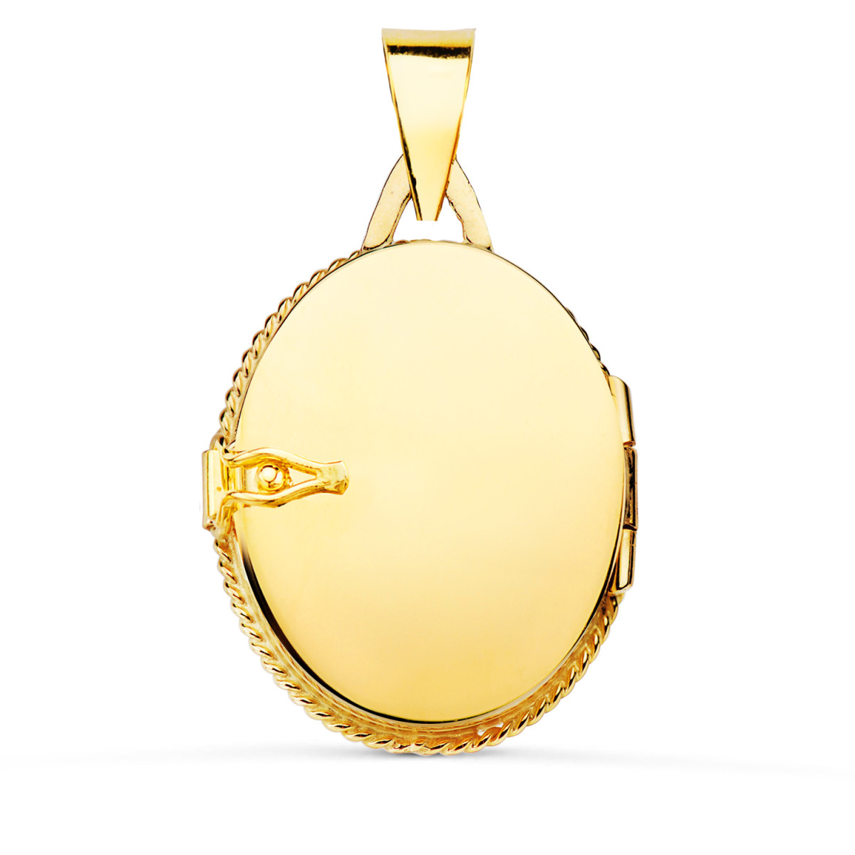 18K GUARDAPELO DIJE PORTAFOTOS ORO AMARILLO OVAL CON PIEDRA AZUL Y BORDE HILO RELIADO. 23 X 18 MM