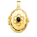18K GUARDAPELO DIJE PORTAFOTOS ORO AMARILLO OVAL CON PIEDRA AZUL Y BORDE HILO RELIADO. 26X21 MM