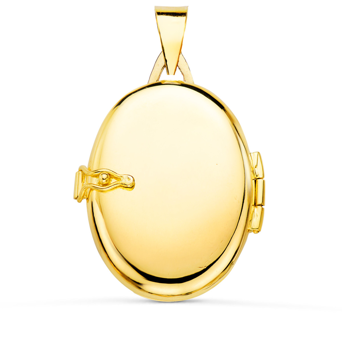 18K GUARDAPELO DIJE PORTAFOTOS ORO AMARILLO OVAL CON PIEDRA AZUL Y BORDE HILO RELIADO. 26X21 MM