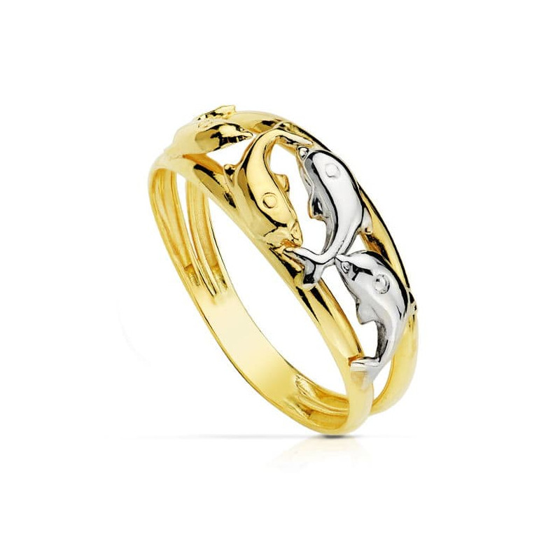 18K SORTIJA ORO BICOLOR CON DELFINES EN BRILLO. ANCHO CUERPO: 8 MM