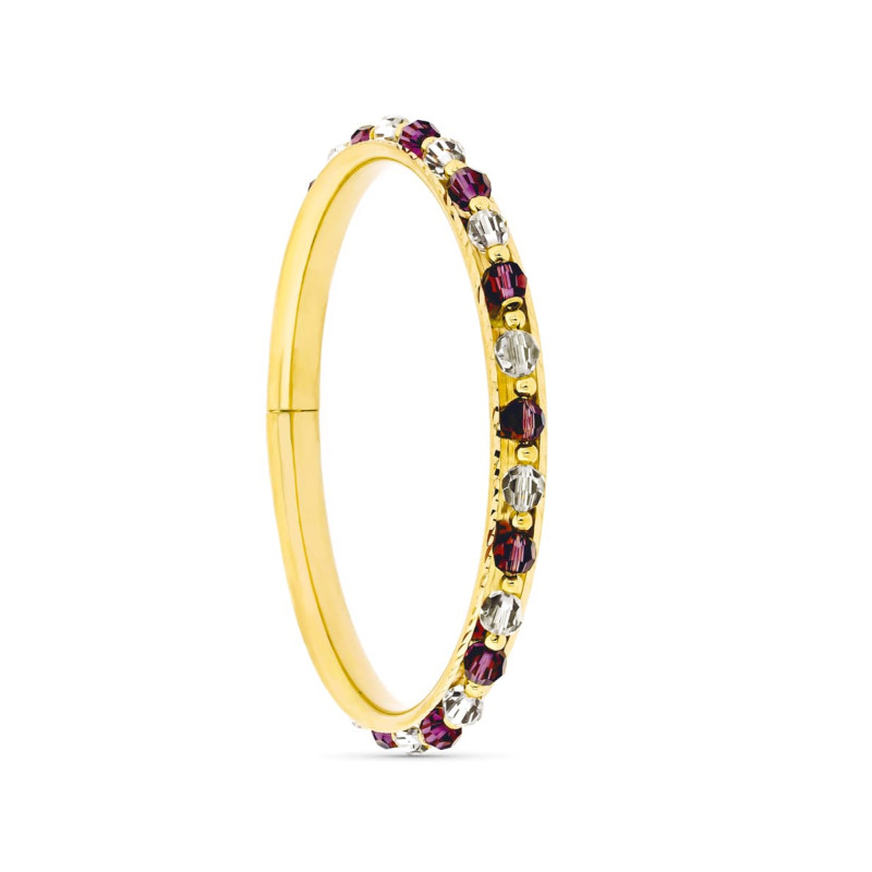 18K PULSERA ORO AMARILLO RIGIDA CON PIEDRAS ROJA Y BLANCA