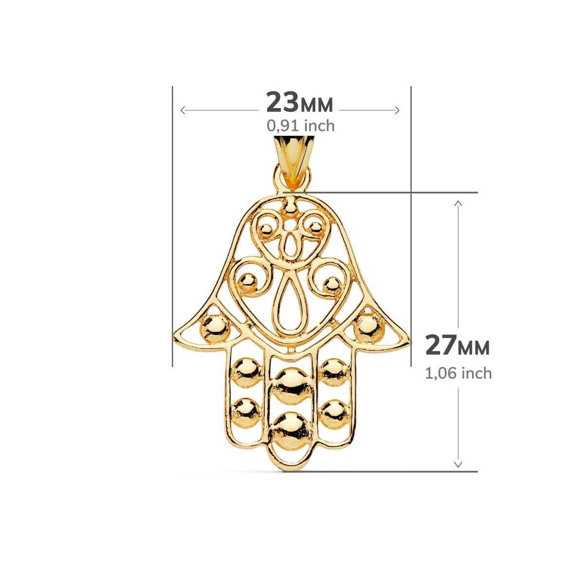 18K COLGANTE AMULETO ORO AMARILLO MANO FATIMA 27X23 MM