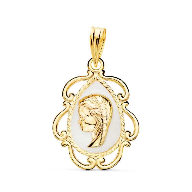 18K MEDALLA ORO AMARILLO VIRGEN NIÑA ESMALTE BLANCO Y CERCO CALADO EN BRILLO 22X16 MM