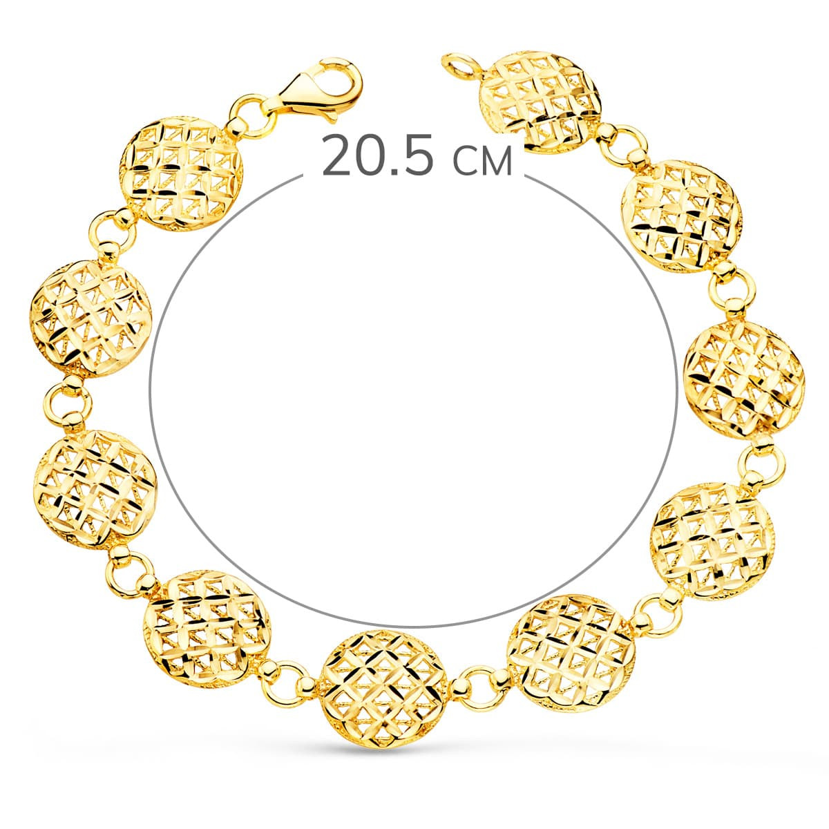 18K PULSERA ORO AMARILLO MOTIVOS REDONDOS TALLADOS 12 MM 20.5 CM