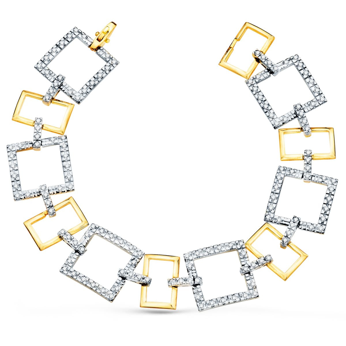 18K PULSERA ORO BICOLOR ESLABONES CUADRADOS Y MOTIVOS CON CIRCONITA 20CM