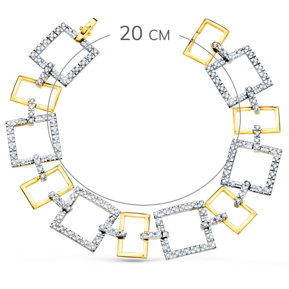 18K PULSERA ORO BICOLOR ESLABONES CUADRADOS Y MOTIVOS CON CIRCONITA 20CM