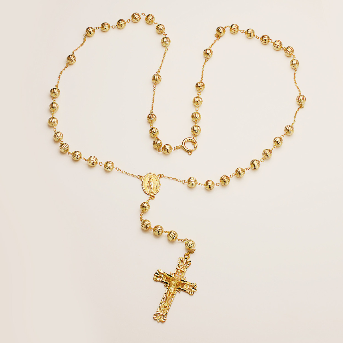 18K ROSARIO ORO AMARILLO CON BOLAS 6 MM, CRUZ 45X27 MM Y MILAGROSA. CADENA 65 CM