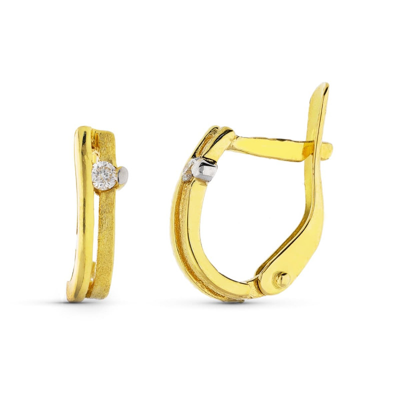 18K PENDIENTES ORO BICOLOR DIAMANTES NATURALES TALLA BRILLANTE 9X3 MM CIERRE CATALAN