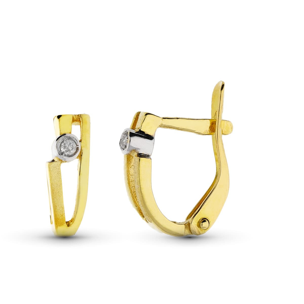 18K PENDIENTES ORO BICOLOR DIAMANTES NATURALES TALLA BRILLANTE 10X3 MM CIERRE CATALAN