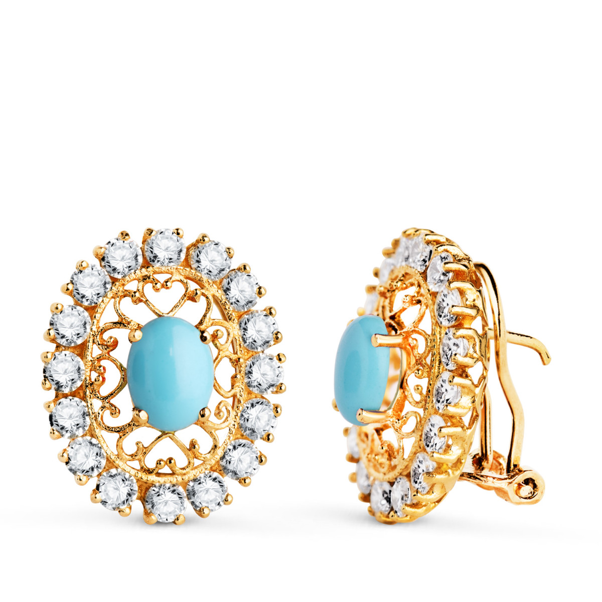 18K PENDIENTES ORO AMARILLO PIEDRA TURQUESA 7X5 MM CON CIRCONITAS. MEDIDA: 19X16 MM. CIERRE OMEGA