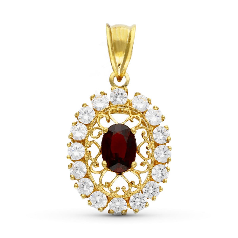 18K COLGANTE ORO AMARILLO FILIGRANA OVAL GRANATE Y CIRCONITAS