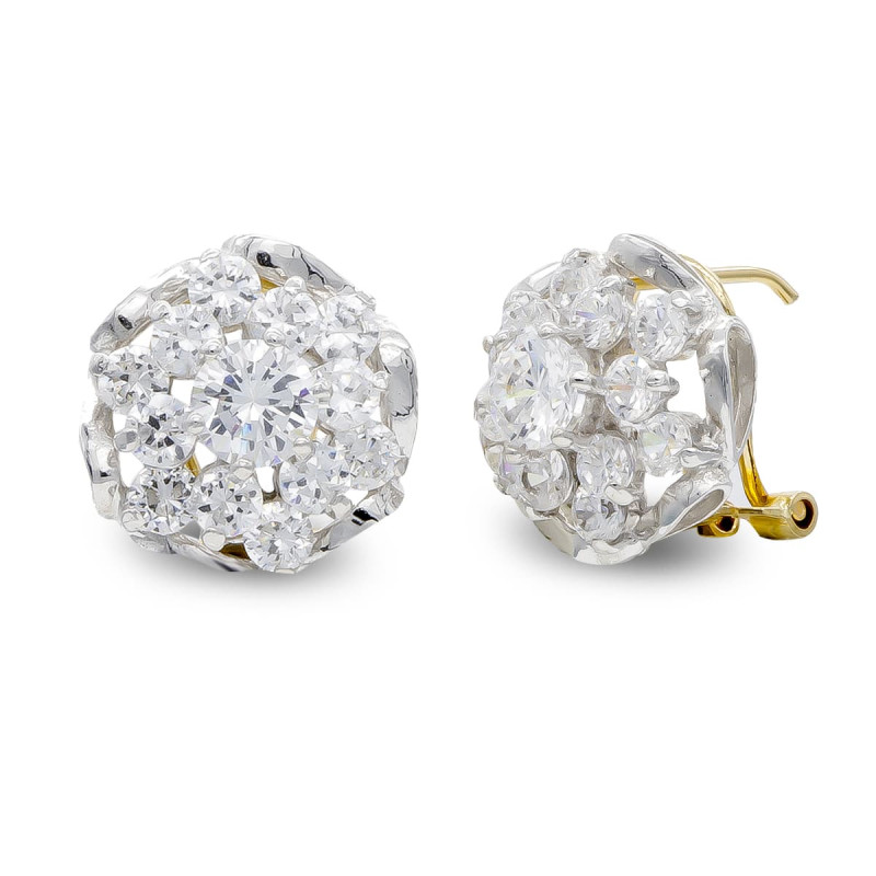 18K PENDIENTES ORO BICOLOR CUAJO CIRCONITA Y RAMAS 13X13 MM CIERRE OMEGA