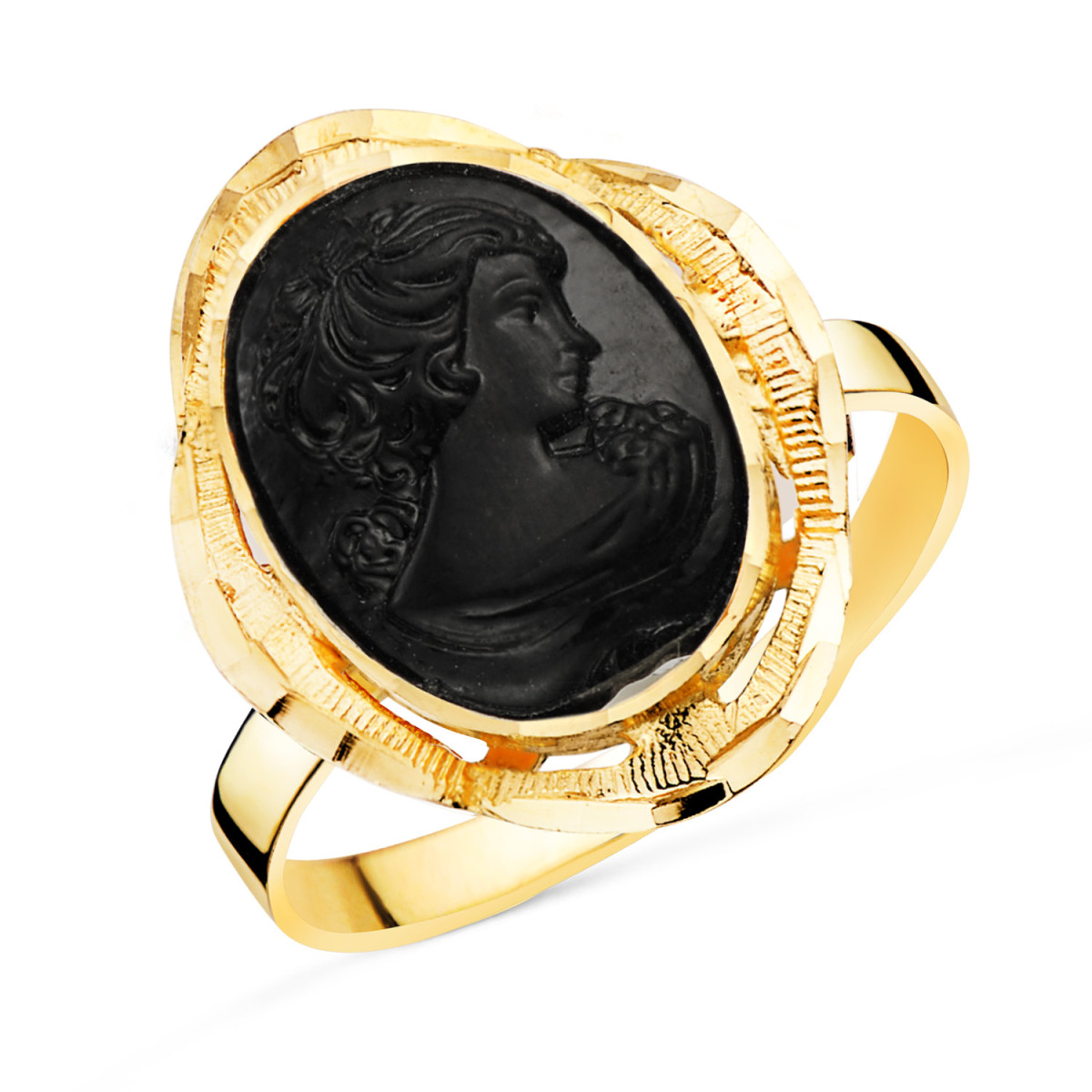 18K SORTIJA ORO AMARILLO CAMAFEO NEGRO OVAL CERCO TALLADO. MEDIDA: 19X14 MM