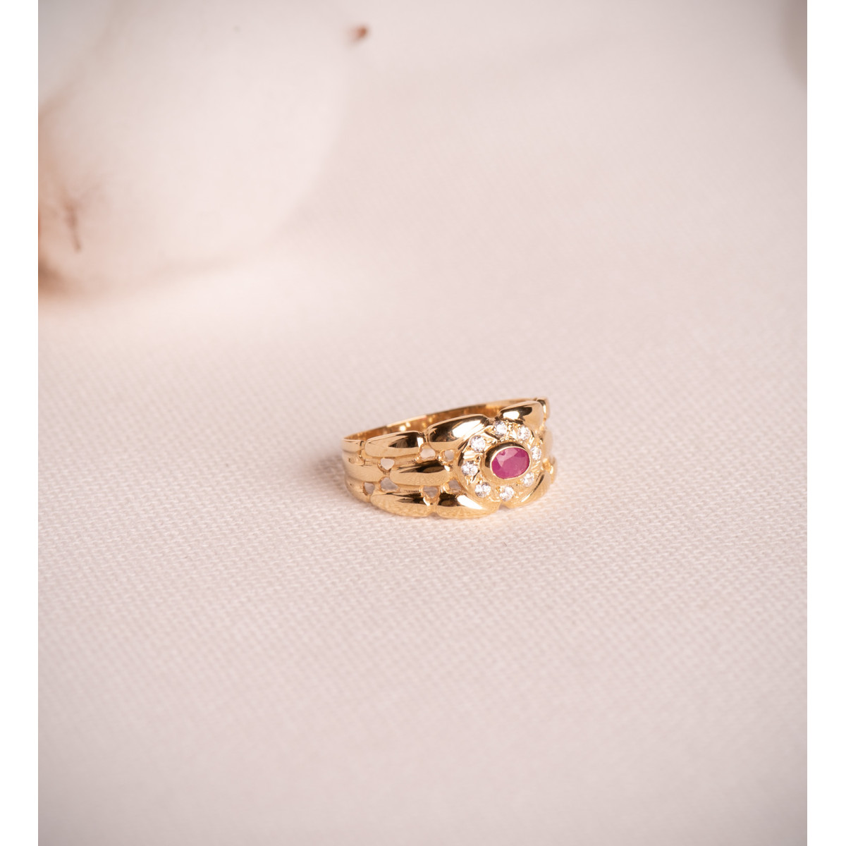 18K SORTIJA ORO AMARILLO PANTER CON CIRCONITAS Y RUBI NATURAL 4X3 MM. ANCHO: 9MM