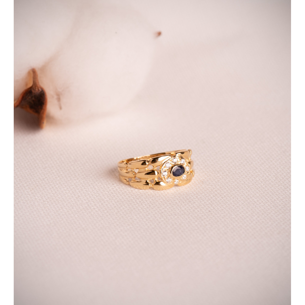 18K SORTIJA ORO AMARILLO PANTER CON CIRCONITAS Y ZAFIRO NATURAL 4X3 MM. ANCHO: 9 MM