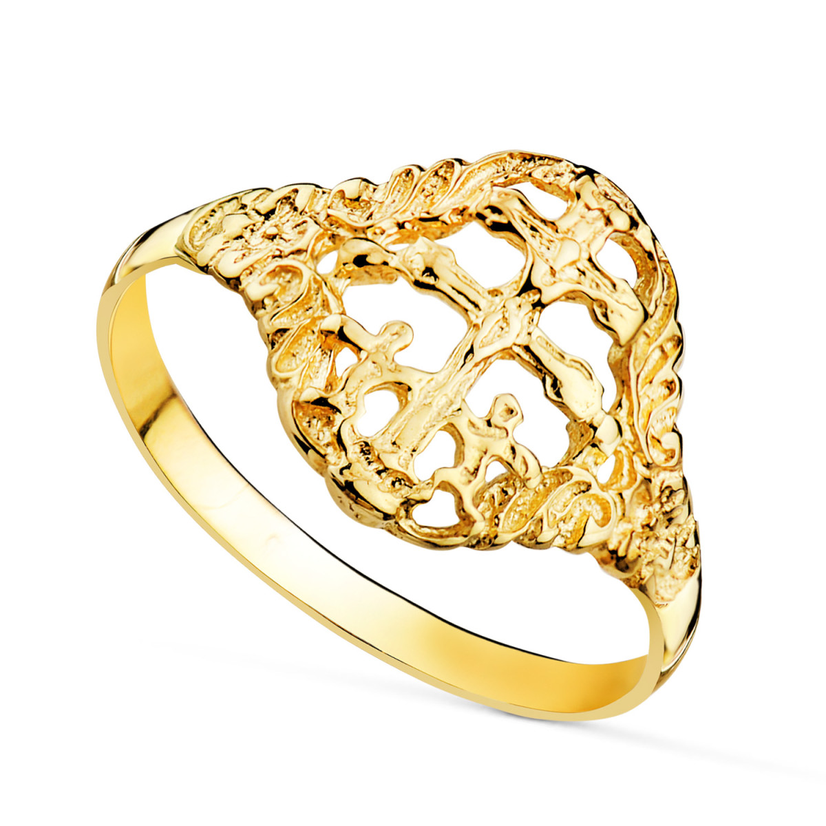 18K SORTIJA ORO AMARILLO CRUZ CARAVACA CON CERCO. ANCHO: 12, 5 MM